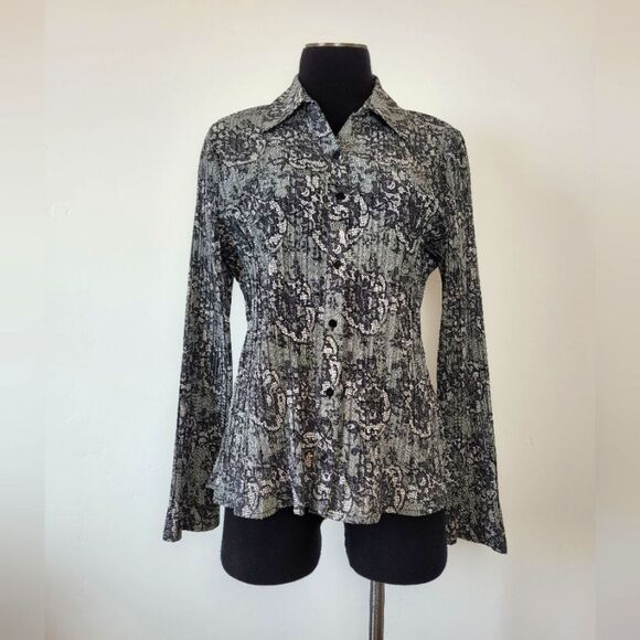 Vintage Y2K Fred David Accordion Pleat Gray Floral Rose Blouse Shirt Stretch XL - Picture 1 of 10